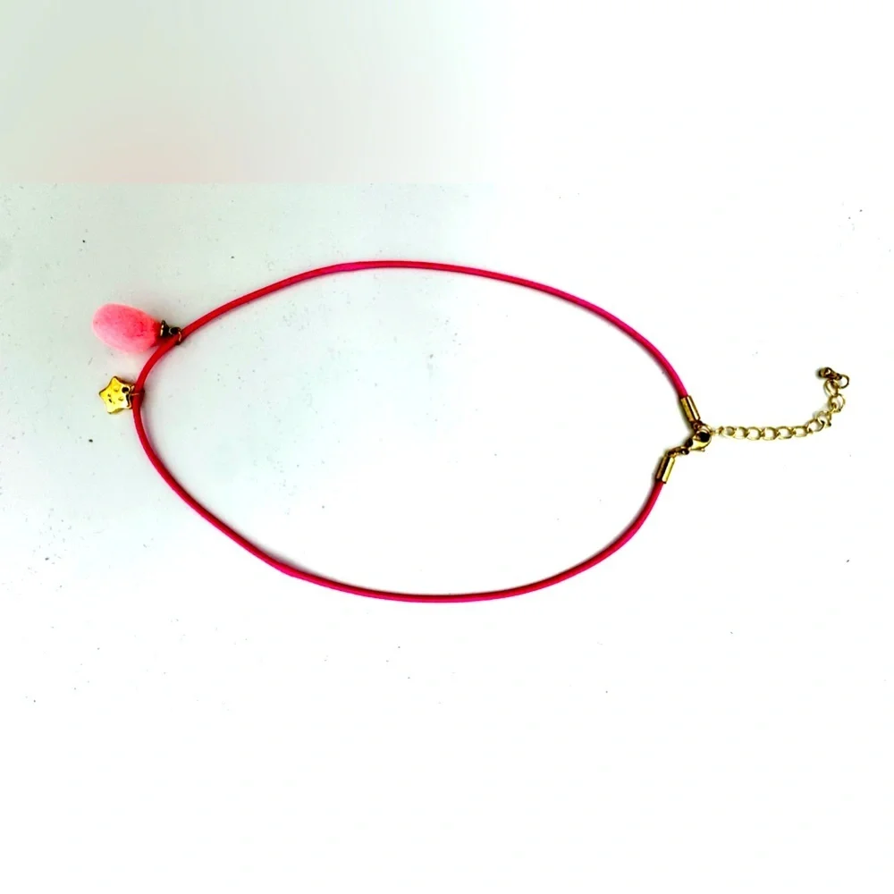 Elegant Hot Pink Cord Necklace with Gold Charm and Soft Pink Puff Charm